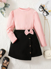 2pcs Girls Puff Sleeve Top And Bow Decor Woolen Skirt Set, Fashion Outfit For Autumn/Winter